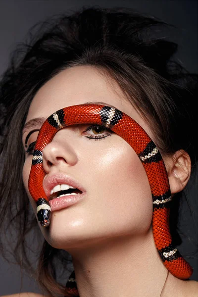 Girl Perfect Skin Brunette Hair Red Snake Her Face — Stock Photo, Image