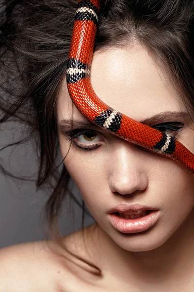 Girl Perfect Skin Brunette Hair Red Snake Her Face — Stock Photo, Image