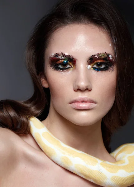 Fashion Portrait Brunette Model Color Spangles Eyelids Yellow Snake Lying — Stock Photo, Image