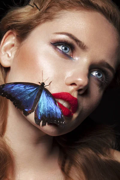 Close Portrait Beautiful Blonde Woman Red Lips Blue Exotic Butterfly — Stock Photo, Image