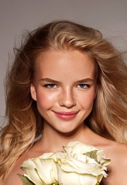 Güzellik genç model beyaz gül desenli. Mükemmel parlaklık cilt. Sarı saçlı. Yeni görünüm.