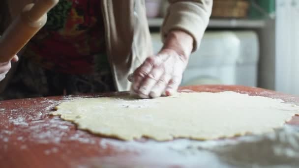 Mulher Amassar Massa Farinha Mesa — Vídeo de Stock