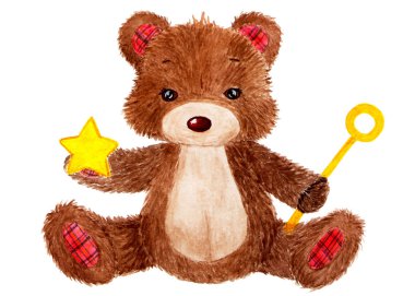 Cute bear. Watercolor illustration.Cute bear with a star in his hand. Illustration for children's design, books, print. clipart