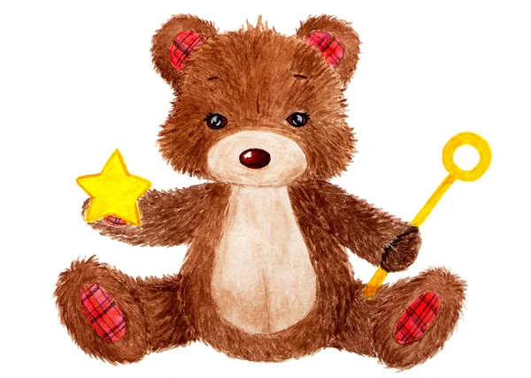 Urso Giro Ilustração Aquarela Urso Bonito Com Uma Estrela Mão — Fotografia de Stock