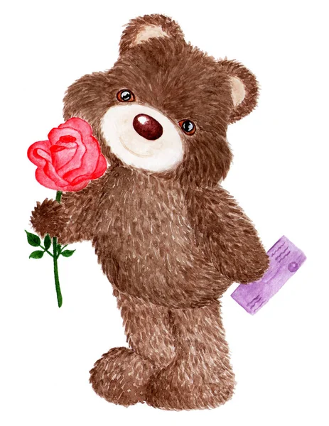 Lovely bear congratulates on the holiday. Watercolor illustration.Cute bear with a bouquet of flowers and a card in her hand. Illustration for greeting cards.