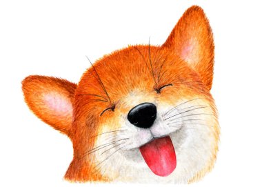 Fox dilini gösteriyor. Sulu boya resim. Gülümseyen Fox dilini sıkışmış. Fox hayat sahiptir. Arka plan tasarımı, kağıt, kumaş üzerine baskı için. Gösterim amacıyla reklam.