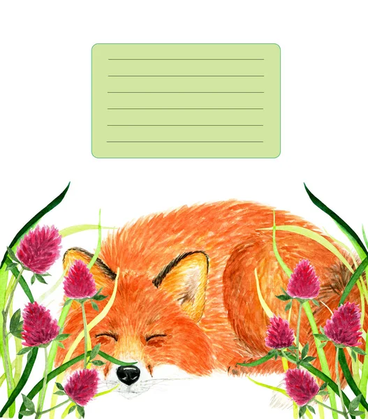 Cover for notebook with sleeping Fox. Watercolor illustration.Fox sleeping in the grass. Background for design, printing on paper. Illustration for product advertising.