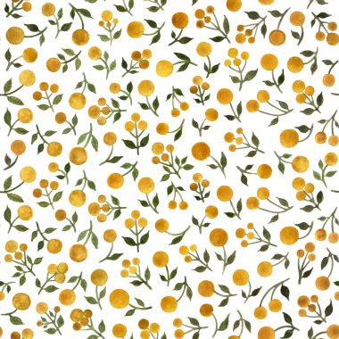 Mimoza dalları ile arka plan. Sulu boya resim. Beyaz bir arka plan üzerinde mimoza dalları ile Seamless modeli. Arka plan yazdırma, dekor iç, kumaşlar, kağıt için.