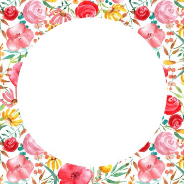 Çiçekler ve bitkiler ile desen. Sulu boya resim. Kozmetik ürünleri üzerindeki etiketler için düzen. Ortasında metni yazmak için bir yer var..