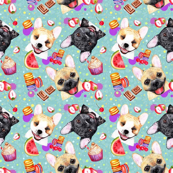 Cute pattern with dogs on blue background. Watercolor illustration. Stylish seamless pattern with French bulldogs on blue background. Fashionable printing. Sweet dessert background.