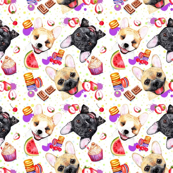 Cute pattern with dogs on white background. Watercolor illustration. Beautiful seamless pattern with portraits of French bulldogs on white background. Fashionable printing. Sweet dessert background.