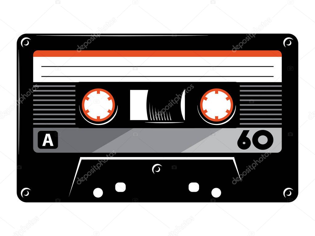 Retro vintage cassette tape vector illustration on isolated white background.