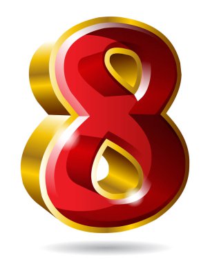 Beyaz arka planda 8 numaralı altın izole edilmiş. Vektör illüstrasyonu.