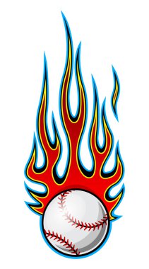 Beyzbol softball vektör çizimi ve sıcak roket alevleri. Yazdırılabilir çıkartma çıkartması, spor logosu tasarımı ve herhangi bir dekorasyon için ideal.