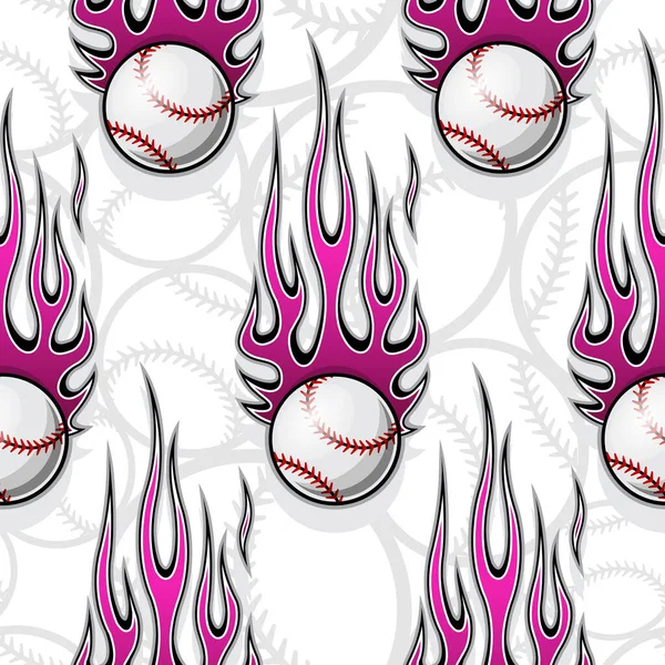 Honkbal Softbal Bal Naadloos Patroon Met Hotrod Vlam Afdrukbare Vectorillustratie — Stockvector