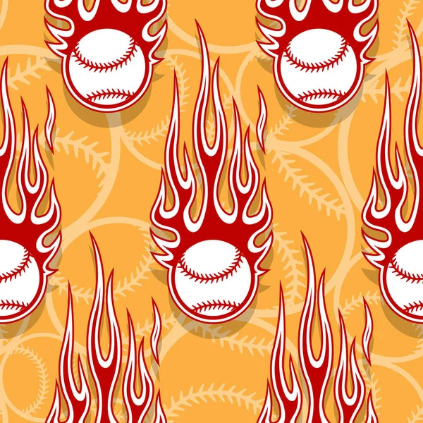无缝隙图案与棒球垒球符号和热棒火焰 矢量图解 理想的壁纸包装面料 纺织品包装纸设计及任何装饰 — 图库矢量图片