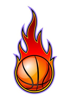 Klasik alevlerle yanan bir basketbol topu. Çıkartmalar, çıkartmalar, spor logosu tasarımları ve her türlü dekorasyon için ideal..