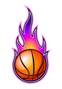 Klasik alevlerle yanan basketbol topu. Çıkartmalar, çıkartmalar, spor logosu tasarımları ve her türlü dekorasyon için ideal..