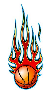 Kızgın çubuk alevleriyle yanan basketbol topu ikonunun vektör çizimi. Çıkartma, çıkartma, spor logosu tasarım unsuru ve her türlü dekorasyon için ideal.