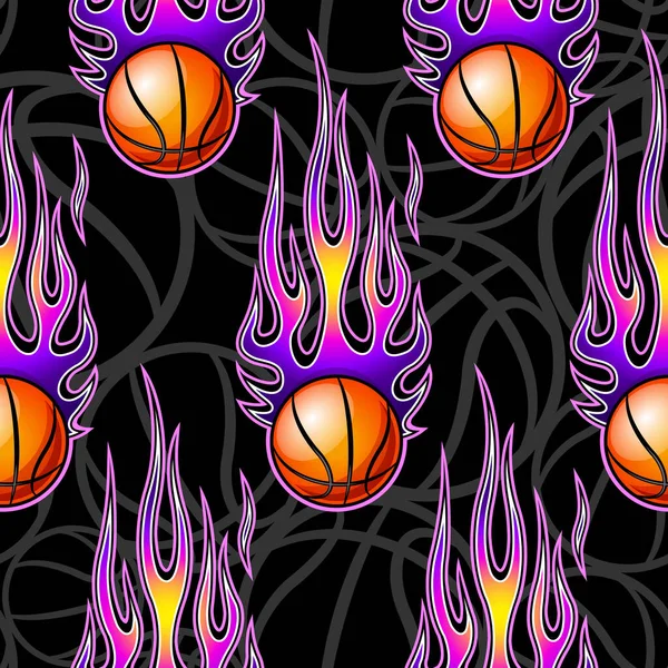 バスケットボールボールとホロッド炎とシームレスなパターン ベクトルイラスト カバー ファブリック 包装紙のデザインや装飾の任意の種類に最適です — ストックベクタ