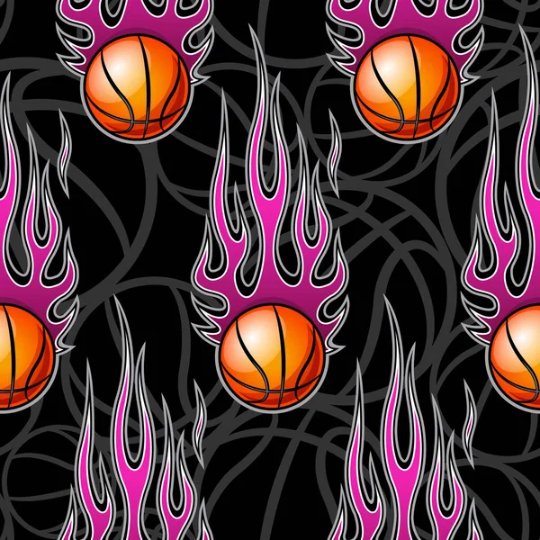 バスケットボールボールとホットロッド炎とシームレスなパターン ベクトルイラスト カバー ファブリック 包装紙のデザインや装飾の任意の種類に最適です — ストックベクタ