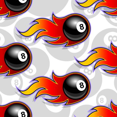 Seamless pattern with billiards pool 8 ball icons and flames. Vector illustration. Ideal for wallpaper, wrapper, packaging, fabric design and any kind of decoration. vector