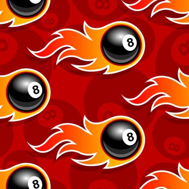 Seamless pattern with billiards pool 8 ball icons and flames. Vector illustration. Ideal for wallpaper, wrapper, packaging, fabric design and any kind of decoration. vector