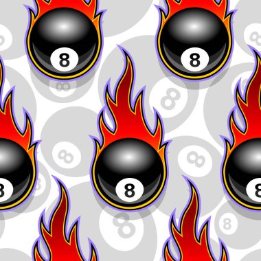 Seamless pattern with billiards pool snooker 8 ball icons and flames. Vector illustration. Ideal for wallpaper, wrapper, packaging, fabric design and any kind of decoration. vector