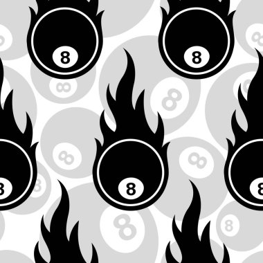 Seamless pattern with billiards pool snooker 8 ball icons and flames. Vector illustration. Ideal for wallpaper, wrapper, packaging, fabric design and any kind of decoration. vector