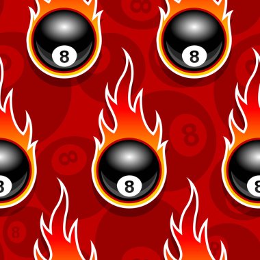 Seamless pattern with billiards pool snooker 8 ball icons and flames. Vector illustration. Ideal for wallpaper, wrapper, packaging, fabric design and any kind of decoration. vector