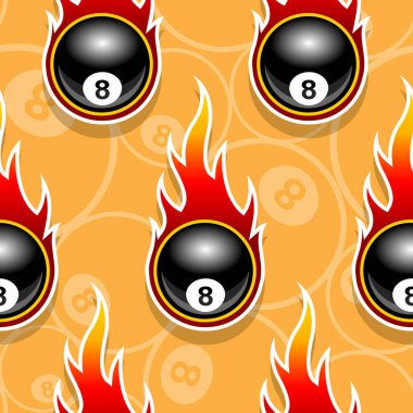 Seamless pattern with billiards pool snooker 8 ball icons and flames. Vector illustration. Ideal for wallpaper, wrapper, packaging, fabric design and any kind of decoration. vector