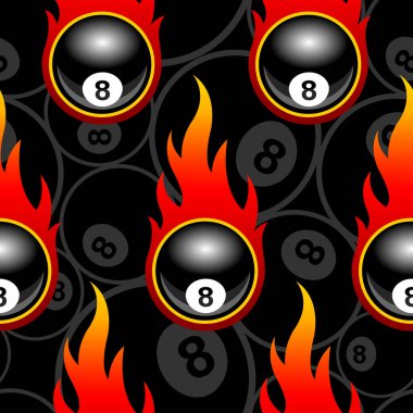 Seamless pattern with billiards pool snooker 8 ball icons and flames. Vector illustration. Ideal for wallpaper, wrapper, packaging, fabric design and any kind of decoration. vector