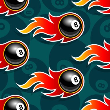 Seamless pattern with billiards pool 8 ball icons and flames. Vector illustration. Ideal for wallpaper, wrapper, packaging, fabric design and any kind of decoration. vector