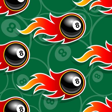 Seamless pattern with billiards pool 8 ball icons and flames. Vector illustration. Ideal for wallpaper, wrapper, packaging, fabric design and any kind of decoration. vector