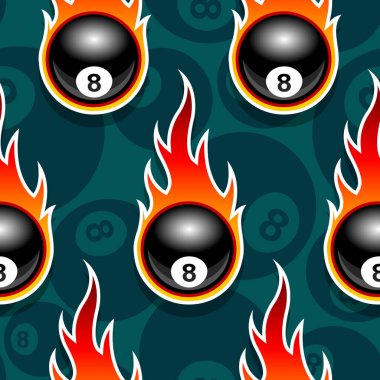 Seamless pattern with billiards pool snooker 8 ball icons and flames. Vector illustration. Ideal for wallpaper, wrapper, packaging, fabric design and any kind of decoration. vector