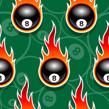 Seamless pattern with billiards pool snooker 8 ball icons and flames. Vector illustration. Ideal for wallpaper, wrapper, packaging, fabric design and any kind of decoration. vector