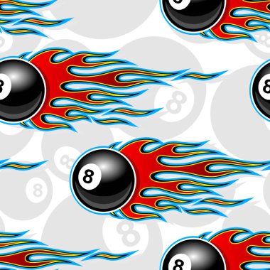 Billiards pool snooker 8 ball symbols seamless pattern with hotrod flame. Printable vector illustration. Ideal for wallpaper packaging fabric textile wrapping paper design. vector