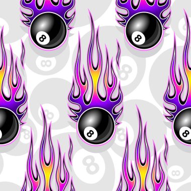 Billiards pool snooker 8 ball symbols printable seamless pattern with hotrod flames. Vector illustration. Ideal for wallpaper packaging fabric textile wrapping paper design. vector