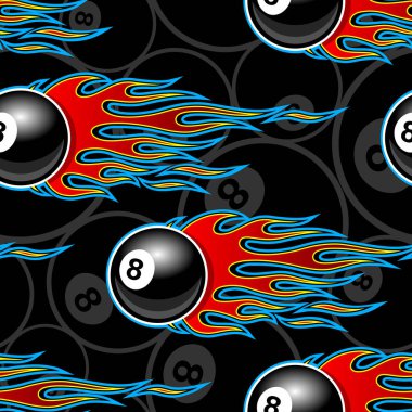 Billiards pool snooker 8 ball symbols seamless pattern with hotrod flame. Printable vector illustration. Ideal for wallpaper packaging fabric textile wrapping paper design. vector