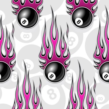 Seamless printable pattern with billiards pool snooker 8 ball symbols and hot rod flames. Vector illustration. Ideal for wallpaper packaging fabric textile paper print design. vector