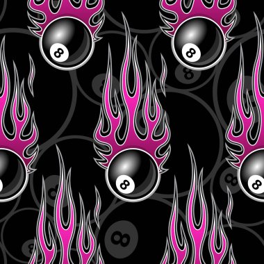 Printable seamless pattern with billiards pool snooker 8 ball symbols and hotrod flame. Vector illustration. Ideal for wallpaper packaging fabric textile wrapping paper design. vector