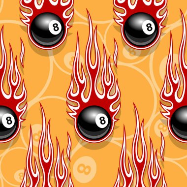 Billiards pool snooker 8 ball symbols seamless pattern with hotrod flame. Printable vector illustration. Ideal for wallpaper packaging fabric textile wrapping paper design. vector