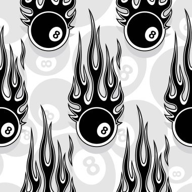 Billiards pool snooker 8 ball symbols printable seamless pattern with hotrod flames. Vector illustration. Ideal for wallpaper packaging fabric textile wrapping paper design. vector