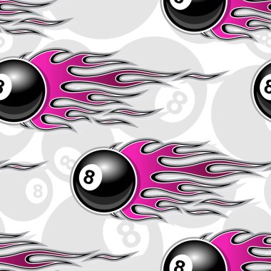 Seamless printable pattern with billiards pool snooker 8 ball symbols and hot rod flames. Vector illustration. Ideal for wallpaper packaging fabric textile paper print design. vector