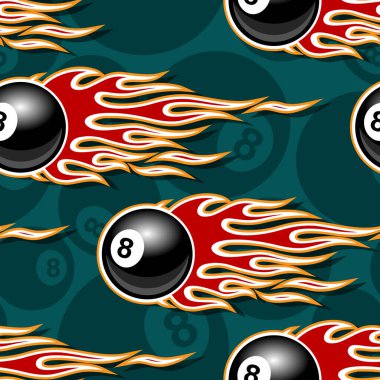 Seamless pattern with billiards pool snooker 8 ball symbols and hot rod flame. Vector illustration. Ideal for wallpaper packaging fabric textile wrapping paper design. vector