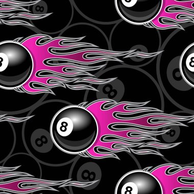 Printable seamless pattern with billiards pool snooker 8 ball symbols and hotrod flame. Vector illustration. Ideal for wallpaper packaging fabric textile wrapping paper design. vector