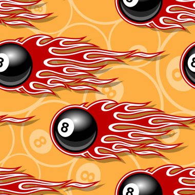 Seamless printable pattern with billiards pool snooker 8 ball symbols and hot rod flames. Vector illustration. Ideal for wallpaper packaging fabric textile paper print design. vector
