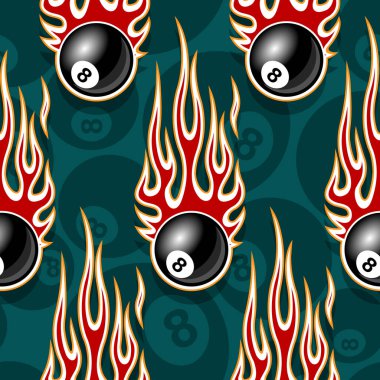 Printable seamless pattern with billiards pool snooker 8 ball symbols and hotrod flame. Vector illustration. Ideal for wallpaper packaging fabric textile wrapping paper design. vector
