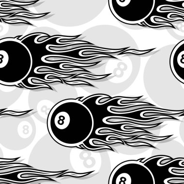 Billiards pool snooker 8 ball symbols seamless pattern with hotrod flame. Printable vector illustration. Ideal for wallpaper packaging fabric textile wrapping paper design. vector