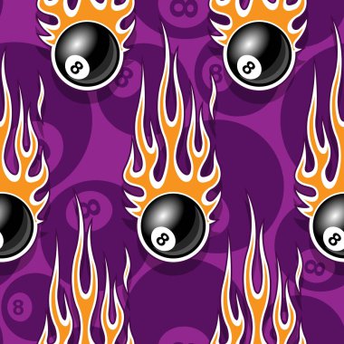 Billiards pool snooker 8 ball symbols printable seamless pattern with hotrod flames. Vector illustration. Ideal for wallpaper packaging fabric textile wrapping paper design. vector